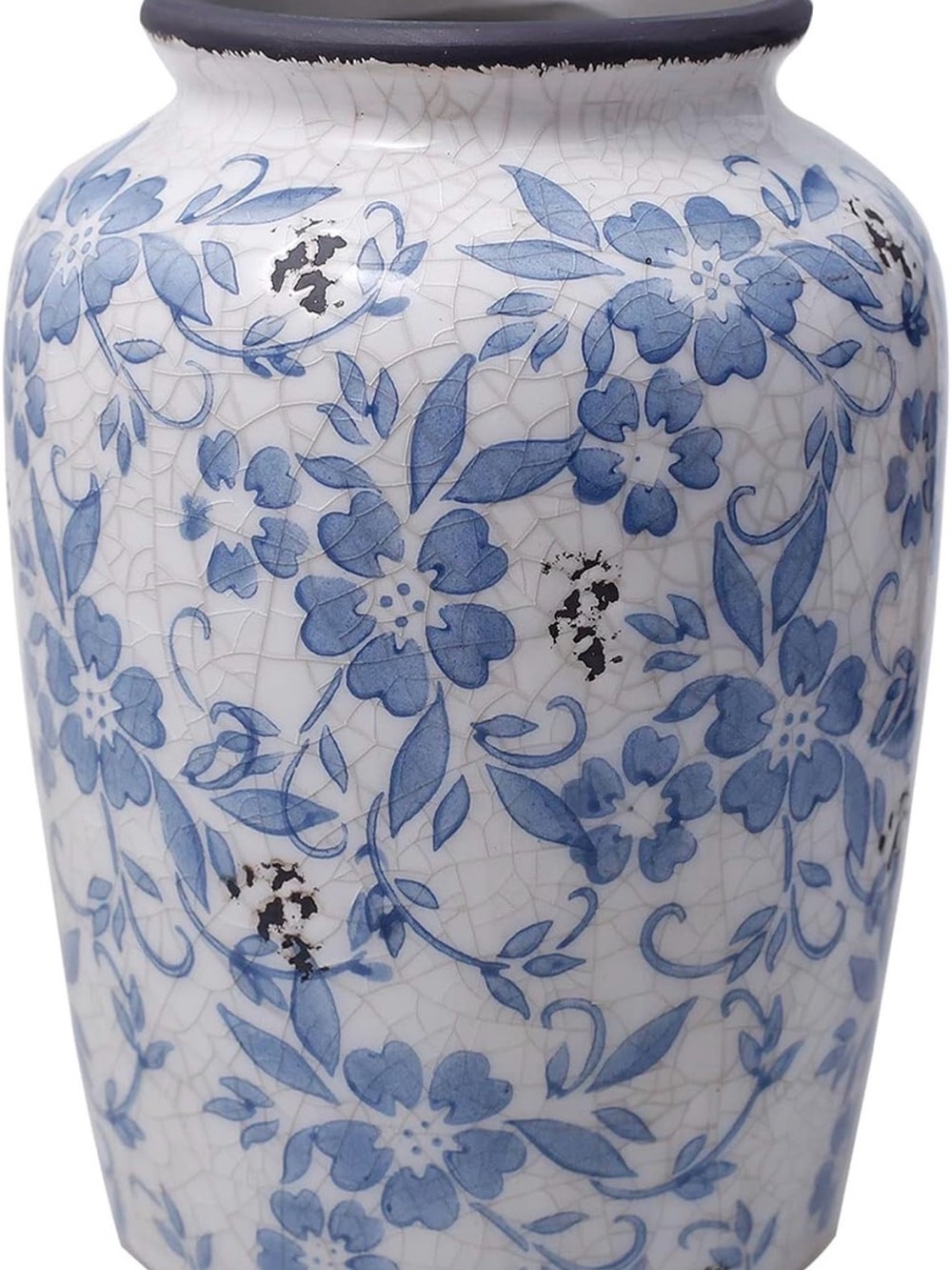 Blue & White Floral Ceramic Porcelain Vintage Jar Flower Vase 8in x 6in